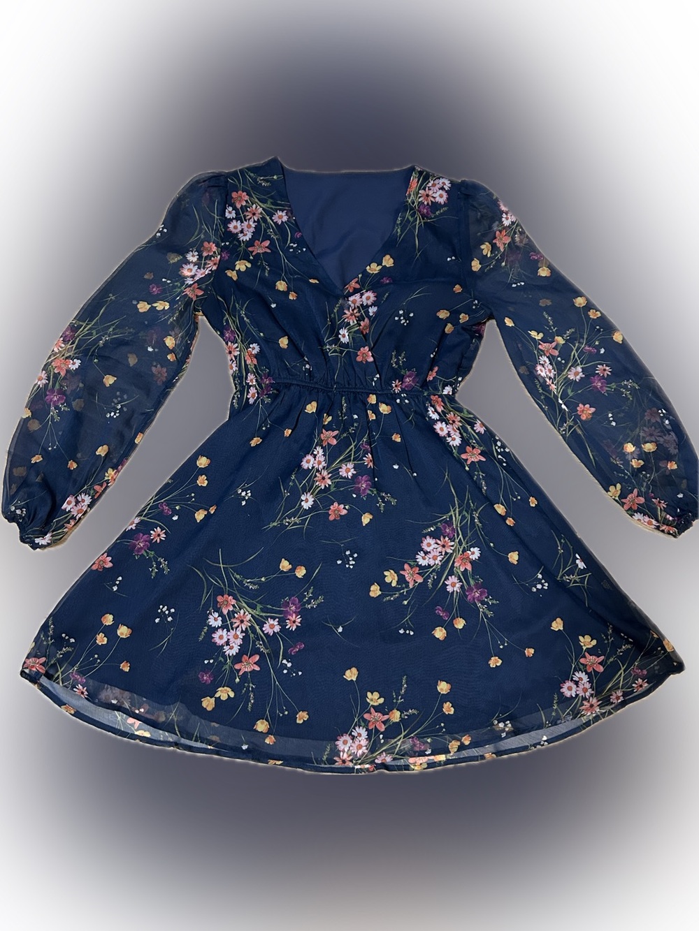 Floral Navy V-Neck Long Sleeve Dress